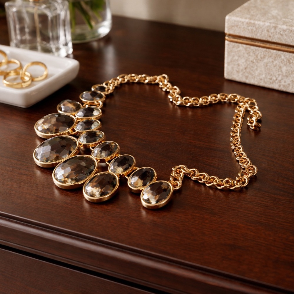 Tiered Smokey topaz gemstones Fashion Necklace Gold Tone chain.